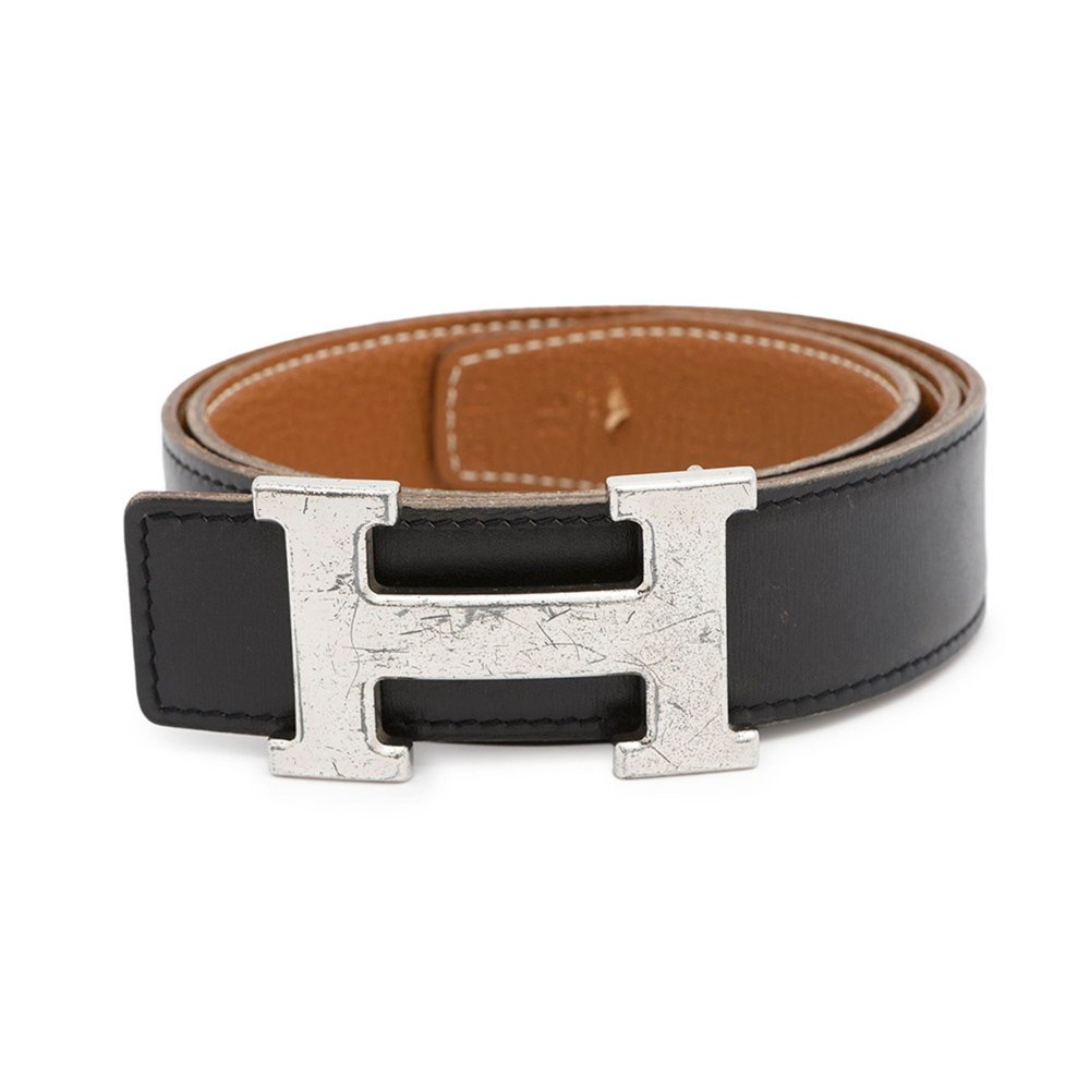 Hermes Belt H Black Gold Box Calf Togo Size 75 □F Stamp HERMES